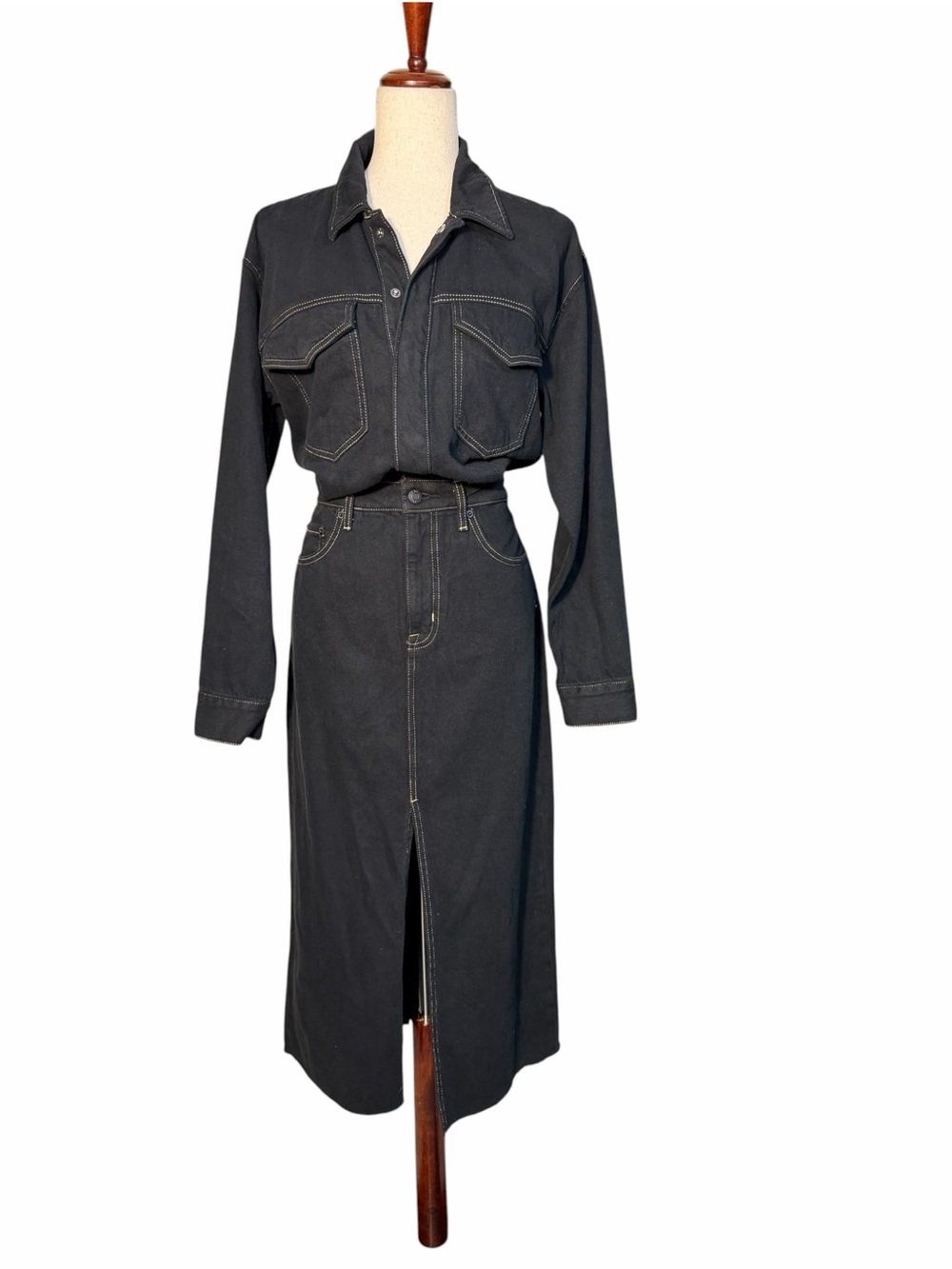 NWT Pistola Amira Black Denim Midi Shirt Dress Contrast Stitching Medium